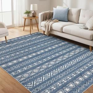 6x9 Washable Area Rug: Non Slip Soft Thin Carpet, Boho Geometric Modern Decor, Easy Clean Indoor Floor Rugs for Living Room Bedroom Kids Dorm Office Dining - Blue