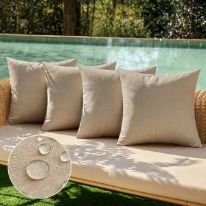 MIULEE Pack of 4 Decorative Outdoor Throw Pillow Covers Linen Waterproof Pillow Covers Farmhouse Cushion Cases for Patio Garden Tent Balcony Couch Sofa 18x18 inch Light Tan