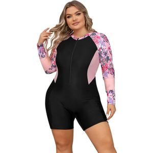 IDOPIP Plus Size One Piece Swimsuit for Women Tummy Control Bathing Suit Sun Protection UPF 50+ Rash Guard Surfing Swimwear (Large, Black + Pink Floral)
