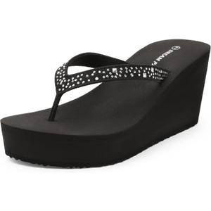 DREAM PAIRS Women's Platform Flip Flop Rhinestones Arch Support Comfortable Soft Cushion Wedge Flip Flops Summer Thong Sandals (9, Black)
