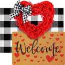 Timgle 3 Pcs Valentine's Day Doormat Sets with Red Heart Door Mat Checked Floor Mat and Bows Heart Wreath Rubber Non Slip Backing Rug Washable Doormat for Valentine's Party Decor