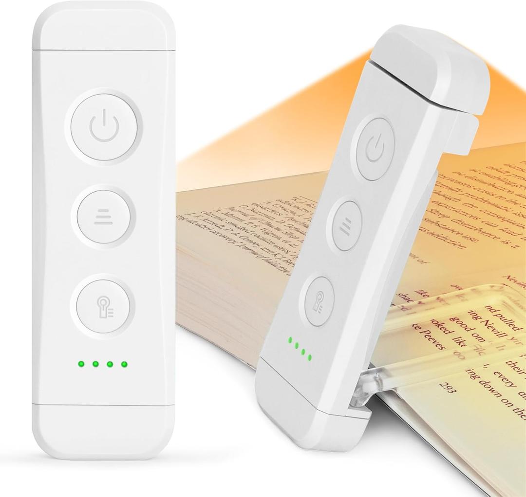 Glocusent USB Rechargeable Book Light, Portable Clip-on LED Reading Light, Reading Lights for Books in Bed with 3 Amber Colors & 5 Brightness Dimmable, Compact & Long Lasting, Perfect for Book Lovers (White)