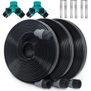 Sprinkler Hose with Holes 75 Ft (25 ft 3pack), Flat Soaker Hose 75 ft with Garden Staples and Splitters, Drip Line Irrigation Hoses for Lawn, Vegetable Watering Hose (75 ft) (Black)