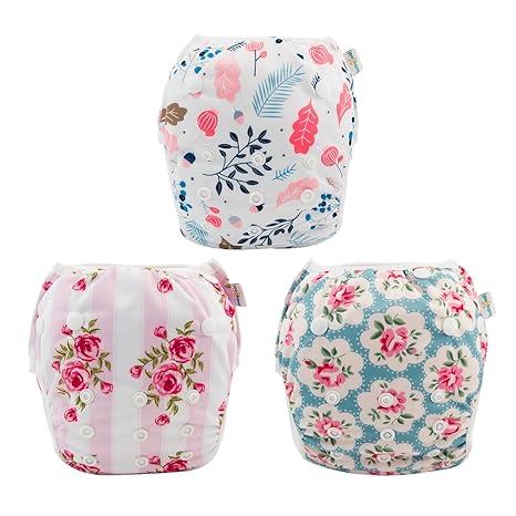 Babygoal Baby Girl Swim Diapers 3 Pack for 8M3T Babies and Toddlers, Reusable Adjustable Washable for Swimming LessonsFlower, Large