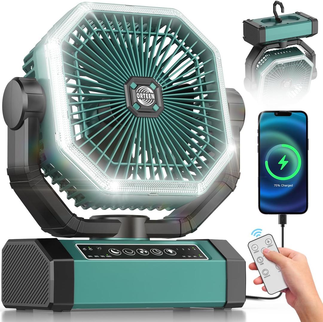 Portable Rechargeable Fan - 9-Inch Camping Fan for Tent, 20000mAh(60Hrs) Battery Operated for Camping, Auto Oscillation Cordless, Tent Fan with Remote/Light, 4 Speeds, 4 Timing, Outdoor, Green