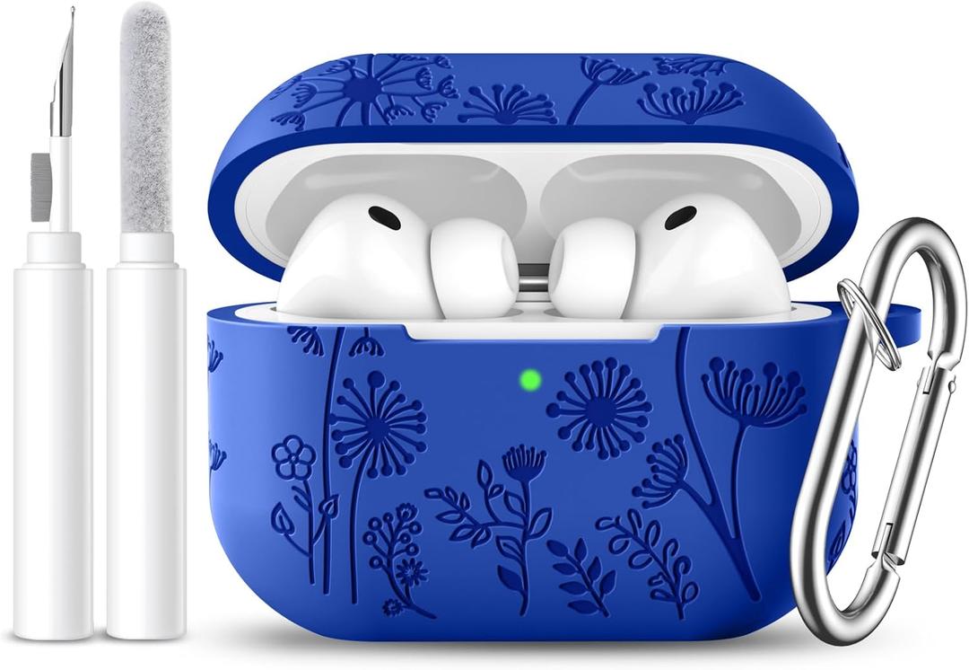 Lerobo for AirPods Pro 3 Case,Flower Engraved Silicone Protective Cover with Cleaner Kit & Keychain Compatible with Apple AirPods Pro 3rd Generation Case 2025 for Women and Men,Glaze Blue