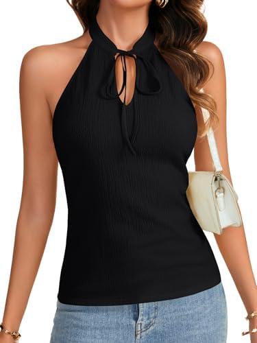 Vrtige Women's Halter Neck Sleeveless Tie Knot Slim Fit Sexy Cami Tank Top L