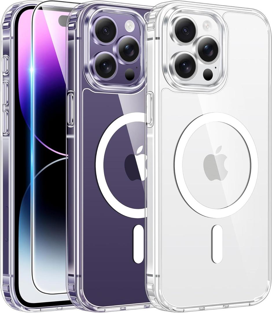 FNTCASE for iPhone 14 Pro Case: Clear Magnetic Phone Cases with Screen Protector Compatible with Magsafe Slim Anti Yellowing Rugged Shockproof Protective Transparent Cell Phone Cover (A-Clear)