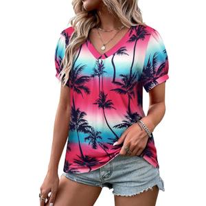 Womens Puff Short Sleeve Hawaiian Shirts Floral Tropic Printed Pleated V Neck Summer Casual T-Shirt Trendy Boho Blouses Tops (Medium, Fuchsia)