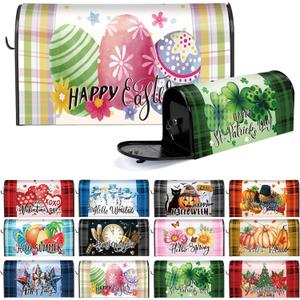 Dispowreath 12 Pcs Seasonal Mailbox Covers Buffalo Plaid Magnetic Standard Size 18 x 21 Inch Shamrocks Easter Spring Summer Magnetic Mailbox Covers for Garden Yard Outdoor Decor