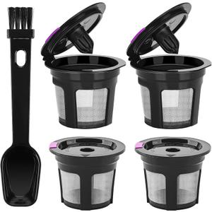 Reusable K Cups for 1.0 Brewers with Coffee Spoon - 4 Packs Refillable Coffee Pods, Stainless Steel Universal Kcup Filters, BPA Free & Easy to Clean