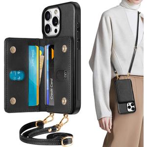 TUCCH Crossbody Wallet Case for iPhone 16 Pro (6.3"), RFID Blocking [6 Card Slots][Detachable Adjustable Lanyard], Magnetic Flip Wallet PU Leather Shockproof Phone Cover for iPhone 16 Pro, Black