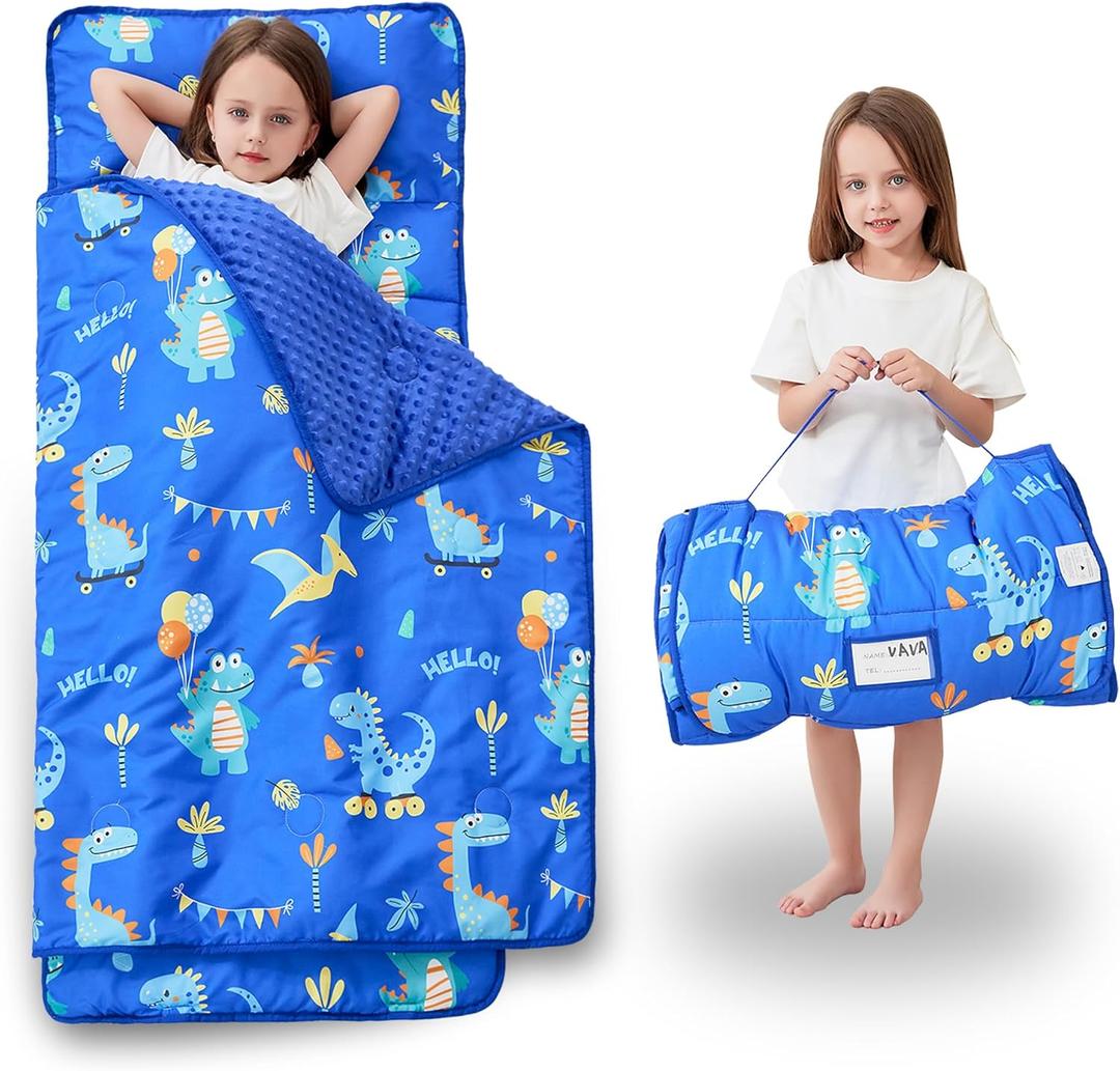 Toddler Nap Mat with Pillow and Blanket, Extra Large Rolled Napping Mats, Slumber Bags for Boys Girls, Kids Sleeping Bag for Daycare, 21" x 50" Preschool Travel Camping - Blue Dinosaurs