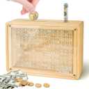 Inmorven 10K Dollar Clear Front Large Wooden Money Box with Tracker Grid, 7.6"x5.6"x1.9" $10,000 Goal Piggy Bank, 10000 USD Savings Challenge Box with Cash and Coins Separate Slots