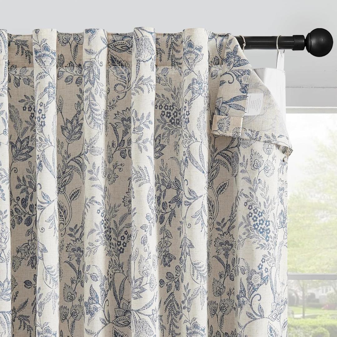Vangao Linen Curtains with Detachable Blackout Liners Floral Curtains for Bedroom Living Room Full Blackout Botanical Farmhouse Drapes 63 Inch Long 4 Panels Set, Blue on Beige, Rings Included (50"W x 63"L (Pack of 2))
