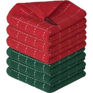 Artoid Mode Checkered Designed Cotton Red Green Terry Kitchen Dish Cloths, 12x12 Inch Soft Absorbent Quick Drying Cleaning Kitchen Rags Set of 6