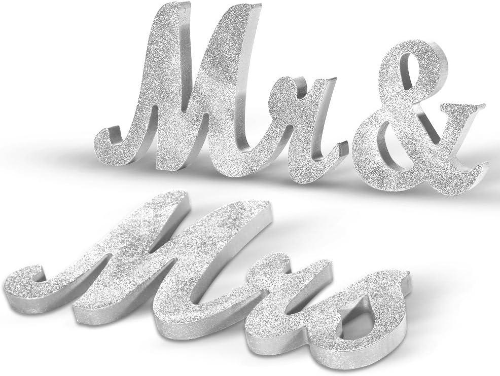 Adeeing Vintage Style Silver Glitter Mr and Mrs Signs for Wedding Sweetheart Table, Wooden Freestanding Letters, Photo Props, Rustic Decoration, Anniversary Shower (Large)