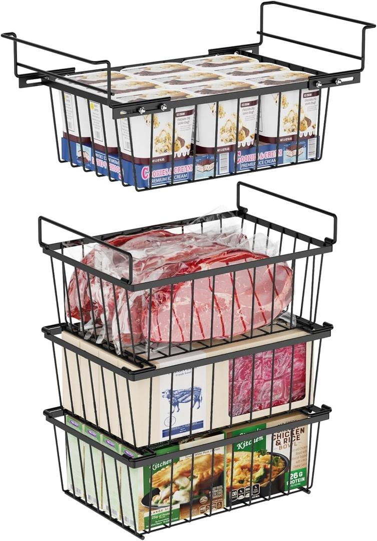 iSPECLE Freezer Organizer Bins - 17.5" Length Fit 5 Cu.FT Chest Freezer, 1 Expandable Hanging Bin & 3 Pack Stackable Deep Freezer Organizer, Sort and Get Frozen Food Easily with Handle, 4 Pack Black