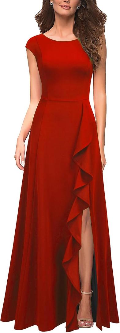 MUSHARE Women's Cocktail Dresses with Pockets Ruffled Sexy Split Party Long Formal Dress (Red, S)