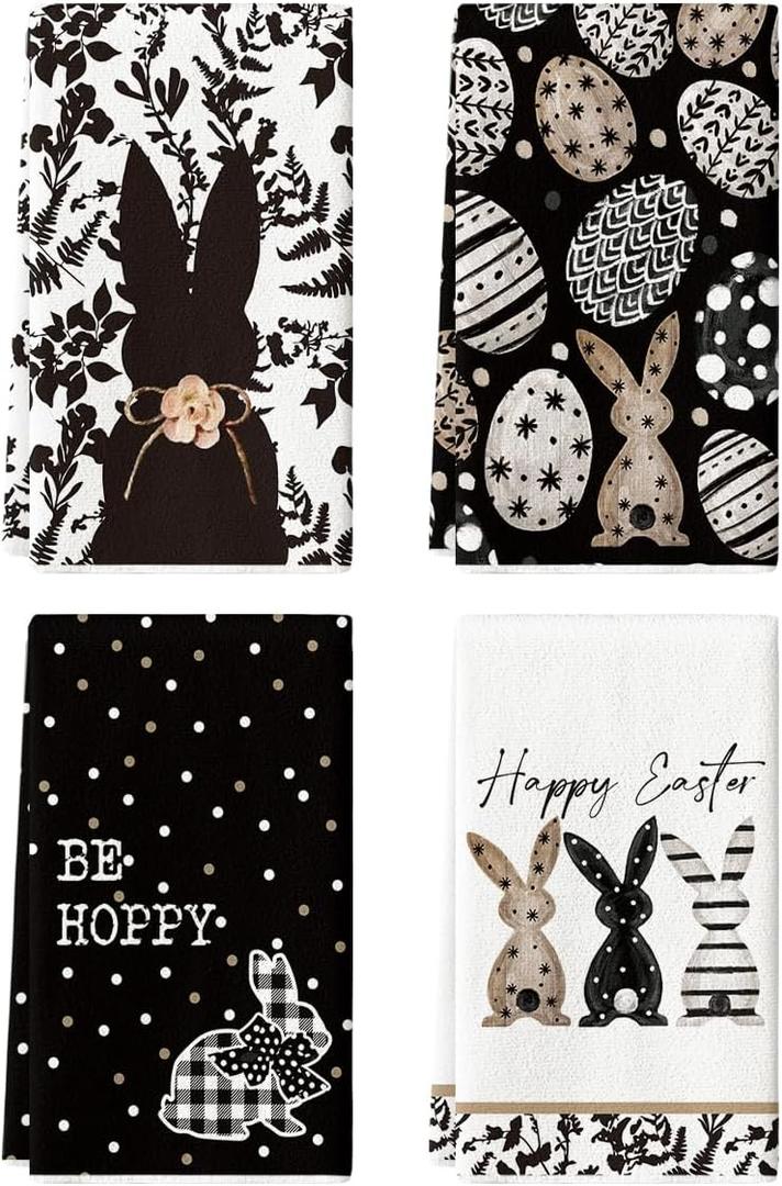Artoid Mode Black Bunny Eggs Flower Happy Easter Kitchen Towels Dish Towels, 18x26 Inch Spring Farmhouse Leaves Decoration Hand Towels Set of 4 (18" x 26")