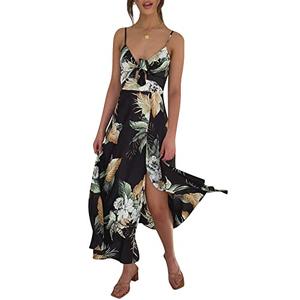 Fashionme Women Spaghetti Strap Midi Satin Dresses Tie Front Backless Slit Cutout Dress Semi-Formal/Casual Flowy Lightweight Black 2XL