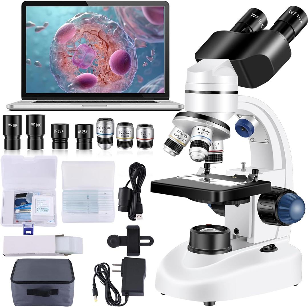Microscope for Adults WF10x and WF25x eyepieces, 40X-2000X Magnification USB Camera, Microscope for Adults Suitable for Laboratory School Home EducationWhite microscope
