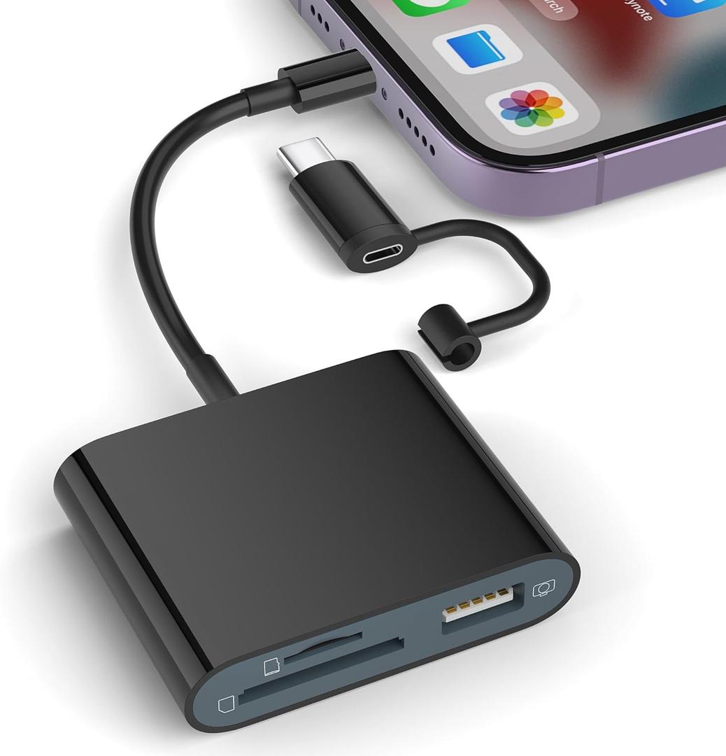 SD Card Reader for iPhone, Memory Card Reader with USB-C to Lightning Adapter Plug and Play Trail Game Camera Micro SD Card Viewer Support SD/TF Card and USB for iPad No App Required (Black)