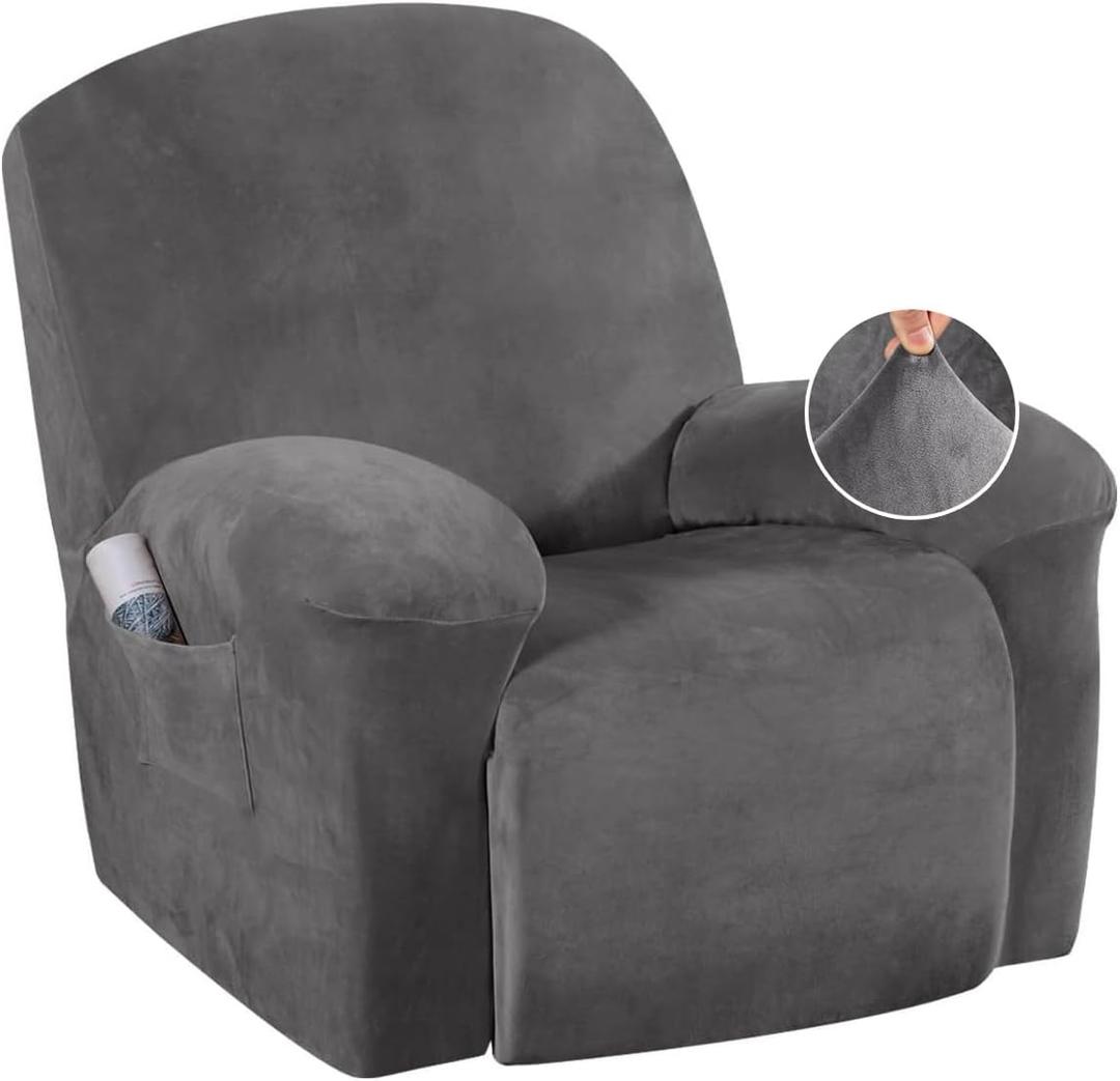 H.VERSAILTEX Velvet Recliner Chair Covers 1-Piece for Reclining Chair, Recliner Cover Feature Thick Luxury and Soft Fabric with Elastic Bottom, Anti-Slip Foams Attached (Grey, Large)