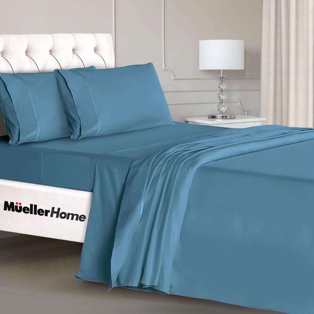 Mueller Luxury 4 Piece Twin XL Sheet Sets - Ultra-Soft 1800 Series, Cooling & Breathable Twin XL Bed Sheets, Hotel Quality Bedding, Deep Pocket up to 16" - Hypoallergenic, Wrinkle-Resistant, Denim (Twin XL, Denim)