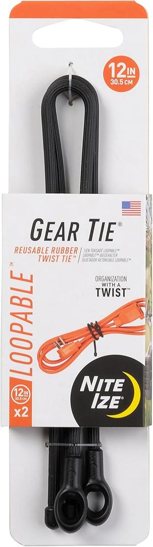 Nite Ize GLS12-01-2R3 Gear Tie Loopable, The Original Reusable Rubber Twist Tie With Sturdy Integrated Loop, 12 Inch, Black, 2-Pack, Made in the USA