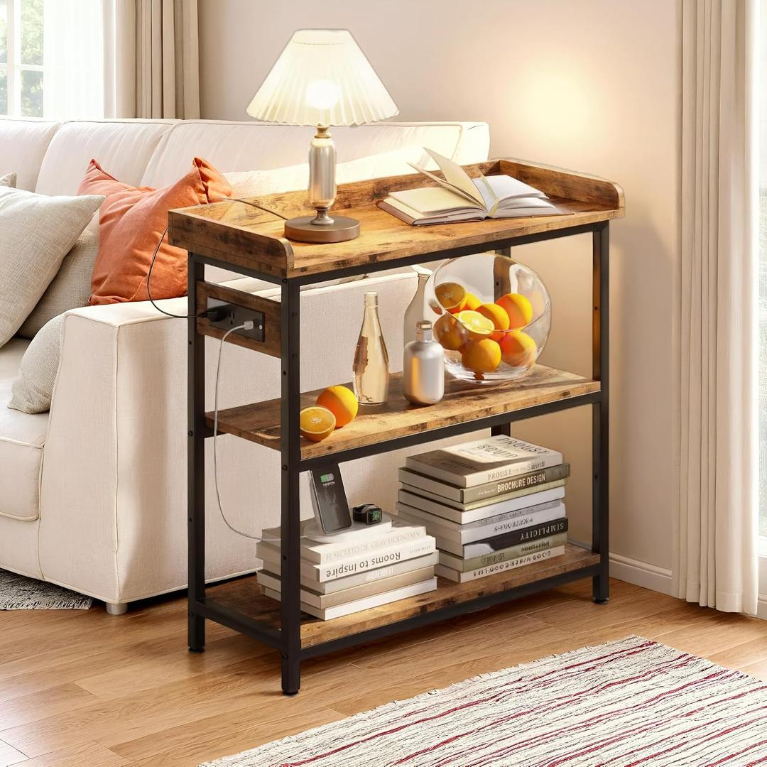 Console Table, Farmhouse Sofa Table with Power Outlet, Narrow Entryway Table with Adjustable Shelf, Rustic Brown, 13.78"D x 31.49"W x 33.03"H