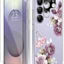 GVIEWIN for Samsung Galaxy S25 Ultra Case, [Screen & Camera Lens Protector][Non Yellowing] Floral Clear Slim Shockproof Protective Women Phone Cover for S25 Ultra 2025 6.9"(Cherry Blossoms/Purple)
