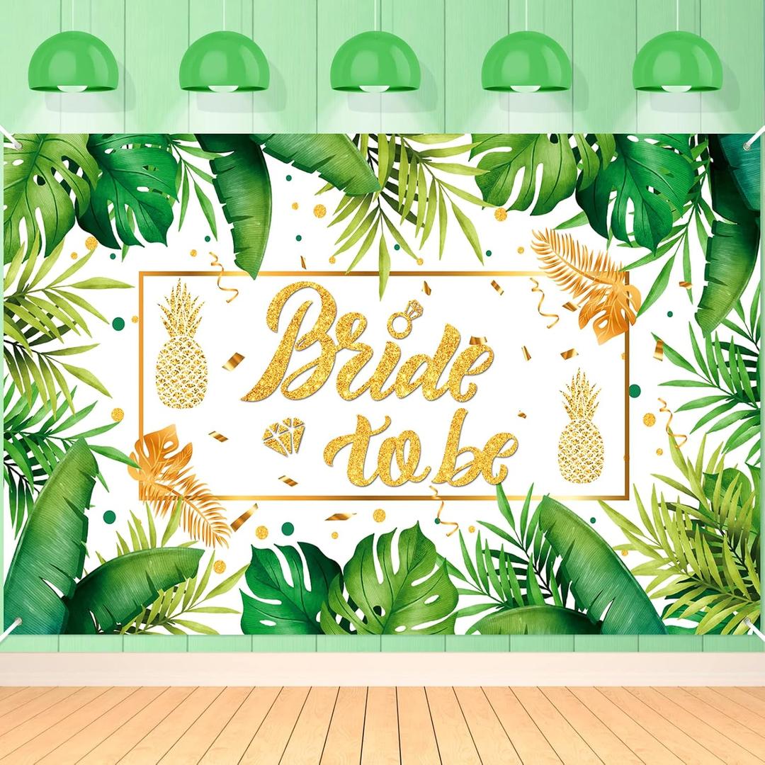 Palm Bride to be Decorations Tropical Wedding Bridal Shower Party Banner Decorations Hawaiian Luau Bride to Be Party Banner Green Gold Leaves Sign Photo Booth Background 71x44Inch