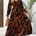 Fall Wedding Guest Cocktail Brown Floral Boho Maxi Dress for Women (Brown, XL)