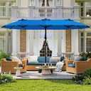 15ft Large Patio Umbrella with Solar Lights and Base, Double-Sided Outdoor Rectangle Umbrella with 48 LED Lights, Market Table Umbrellas with UV Resistant Canopy, Royal Blue