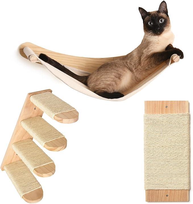 Cat Wall Shelves - Four Step Cat Shelf with Scratch Board, Mounted Cat Shelves, Sturdy Cat Wall Furniture for Indoor Cats, Kittens - Extra Cat Wall Hammock Cover Included