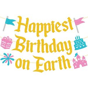 Happiest Birthday on Earth Banner Princess Bday Party Decorations Girls Kids Castle Birthday Baby Shower Party Supplies (Gold)