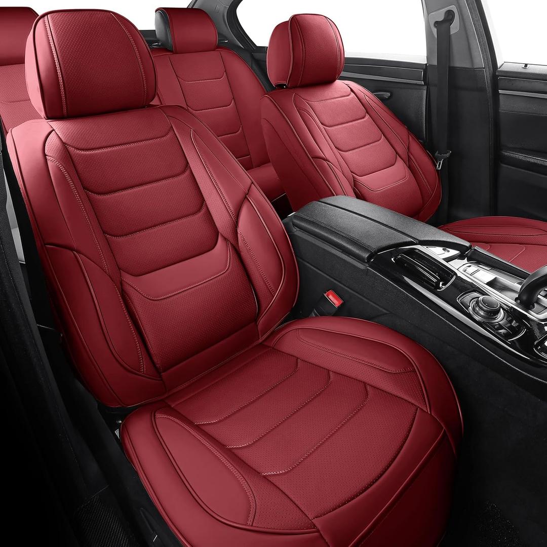 Leather Car Seat Covers Full Set Breathable Automotive Seat Covers Waterproof Seat Protectors Universal Fit for Most Automotive Cars SUV Trucks (Red, Full Set)
