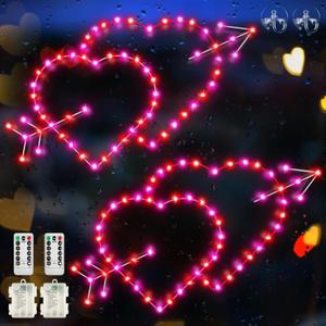 2 Pack [Timer] Valentines's Day Window Lights Decorations, 16'' Red Pink Double Heart Lighted 8 Mode Silhouette Light with Remote Valentines LED Heart Lamp Indoor Outdoor Bedroom Home Decor