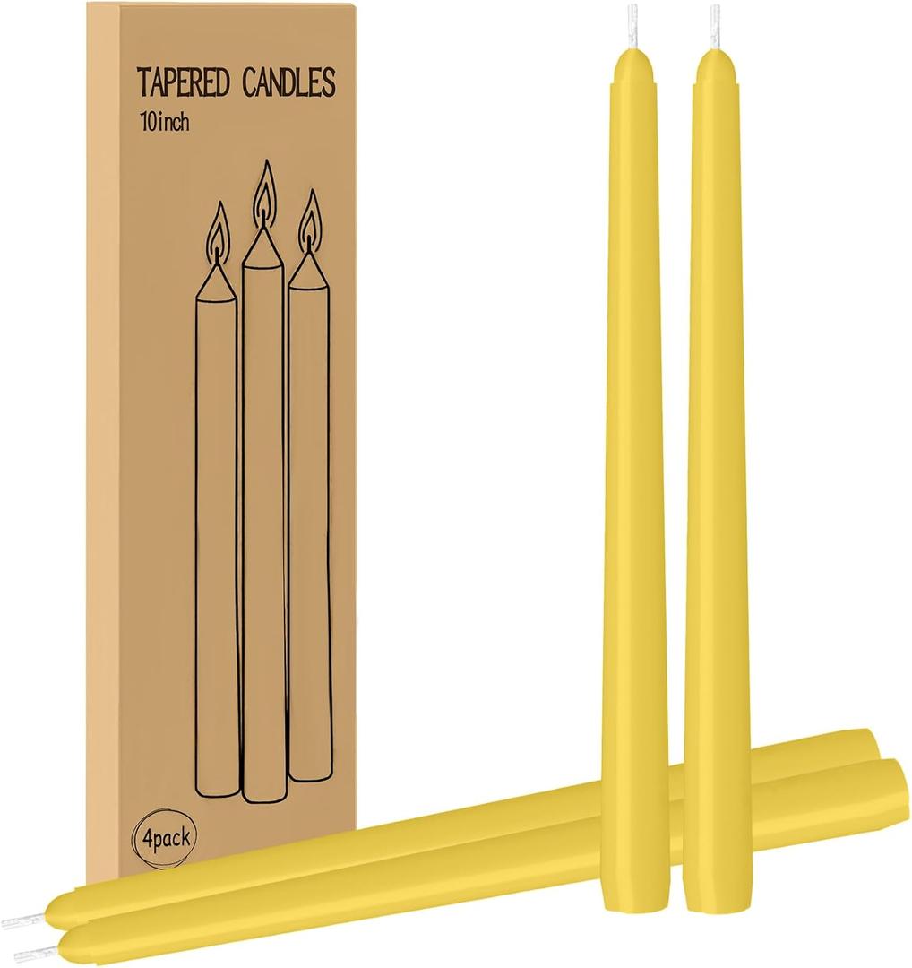 2X LYOBATH 4 Pack Yellow Taper Candles - Taper Candles 10 Inch Dripless, Smokeless & Unscented - 8 Hours Long Burning - Ideal for Weddings, Dinner Parties, and Home Decor