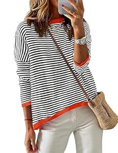 ZESICA Womens Spring Striped Sweaters Long Sleeve Crew Neck Shirts Color Block Lightweight Pullover Tops, Black, Size X-Large