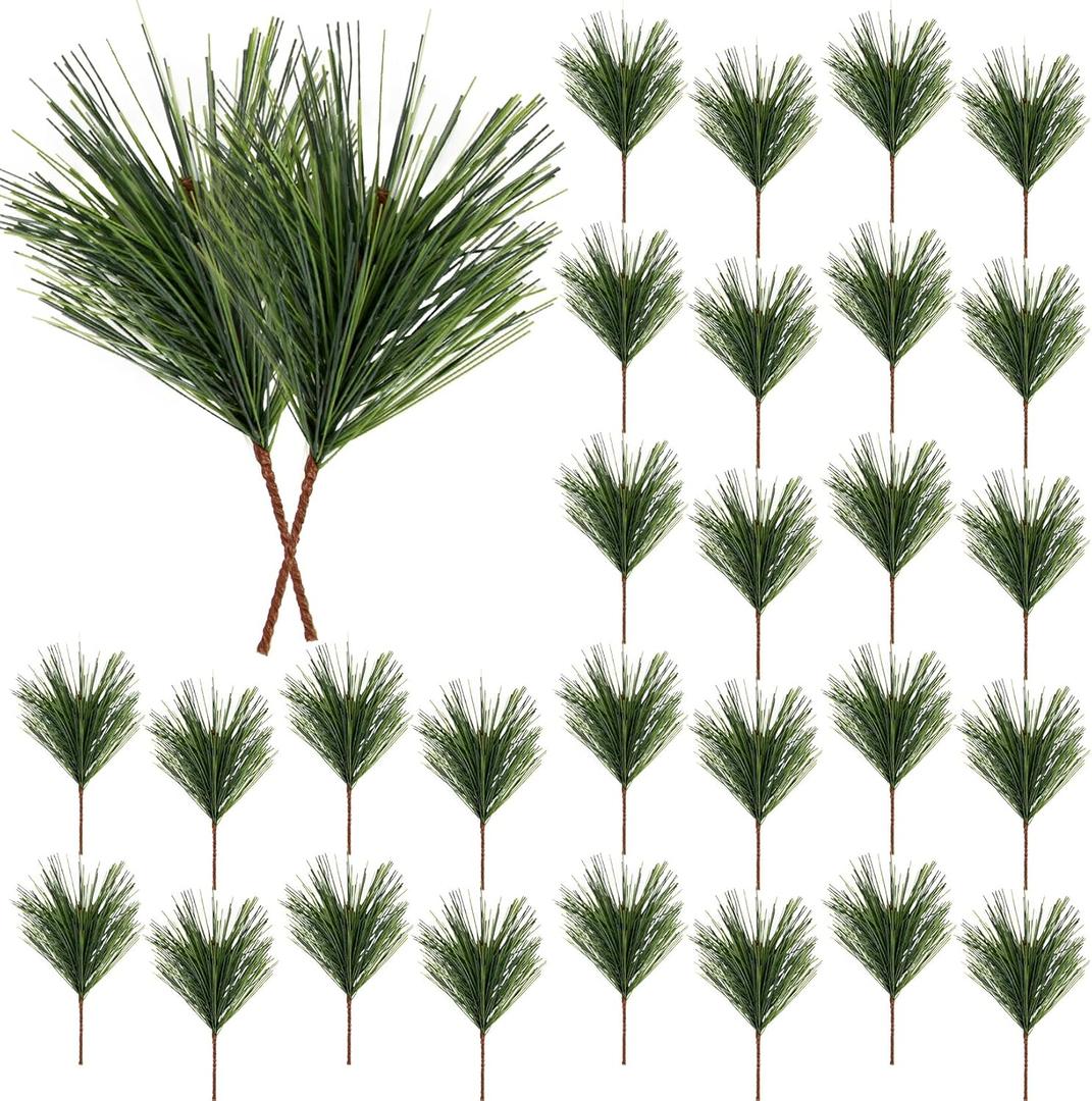 RAINFLOW Artificial Green Pine Needles Branches - 30PCS Artificial Pine Branches for Decoration Christmas Decorations Small Christmas Tree Decorations Greenery Stems Twigs for Crafts 4.7IN