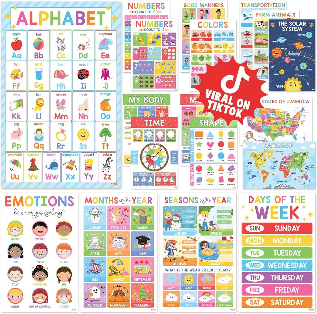 BEAWART 8 Laminated Educational Posters For Toddlers, Preschool Posters for Classroom, Kindergarten Wall Decor, PreK Learning Materials Alphabet Number Chart
