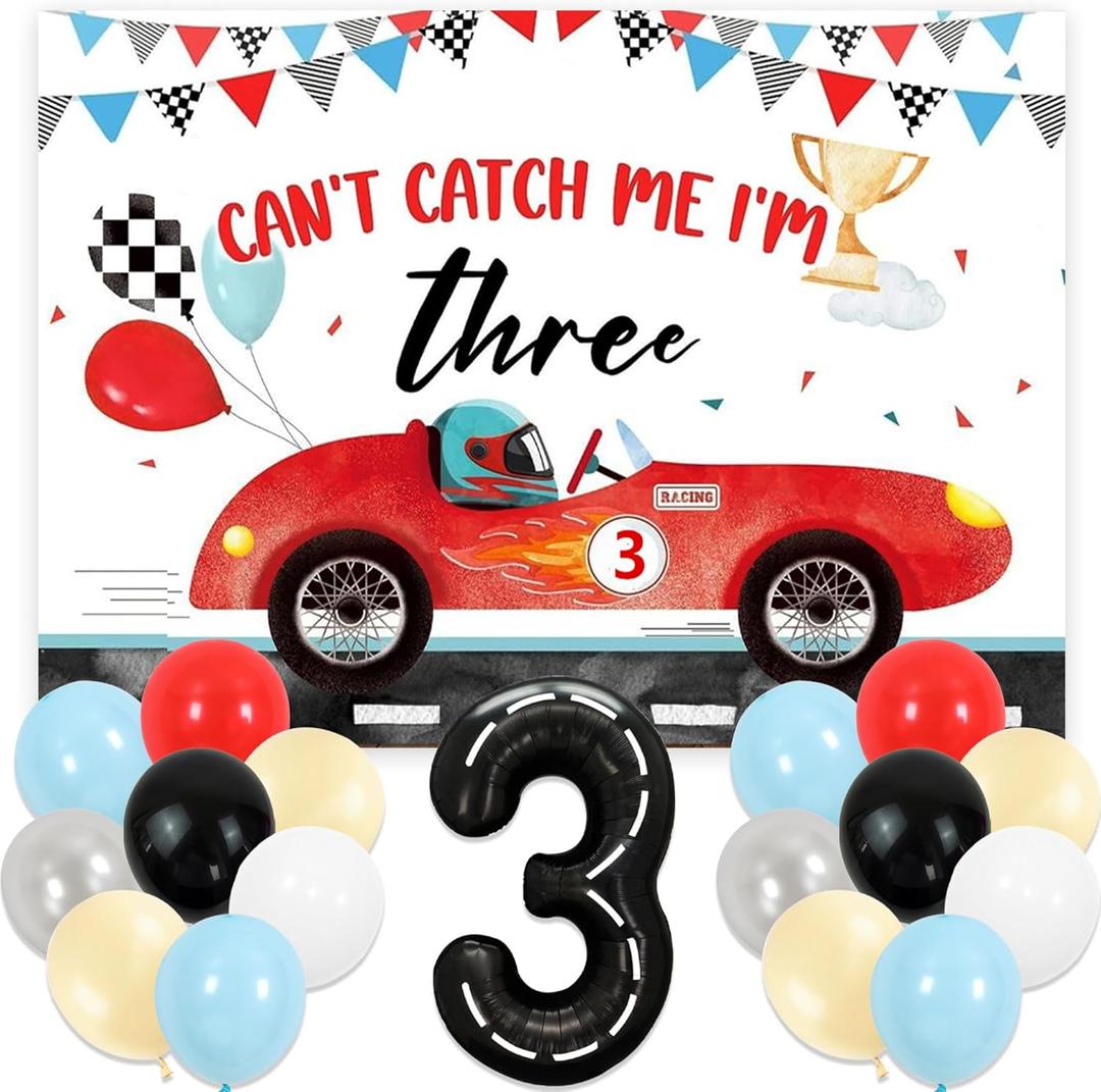 Cant Catch Me Im 3 Birthday Decorations Cars Birthday Backdrop Cars 3 Birthdays Party Supplies 3 Year Old Boy Birthdays Decorations Three Bday Decoration (Red)