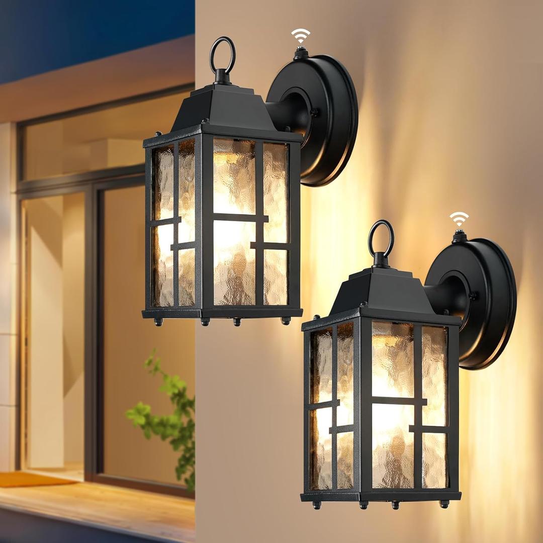 OKELI Dusk to Dawn Outdoor Wall Lights, Exterior Waterproof Lantern, Front Porch Sconce Lighting with Water Ripple Glass Shade, Anti-Rust Wall Lamps Outside Lights for Garage (Black-SIZE-S-2pack) (9.3")