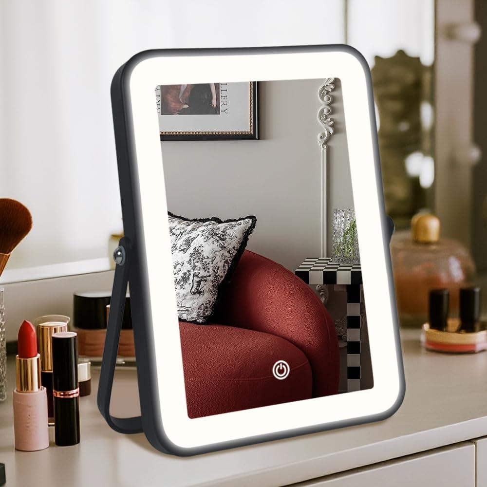 Rechargeable LED Vanity Mirror with Lights, 7"x10" Black Makeup Mirror with Lights, 3-Color Lighting, for Dorm, Livingroom, Gifts for Women