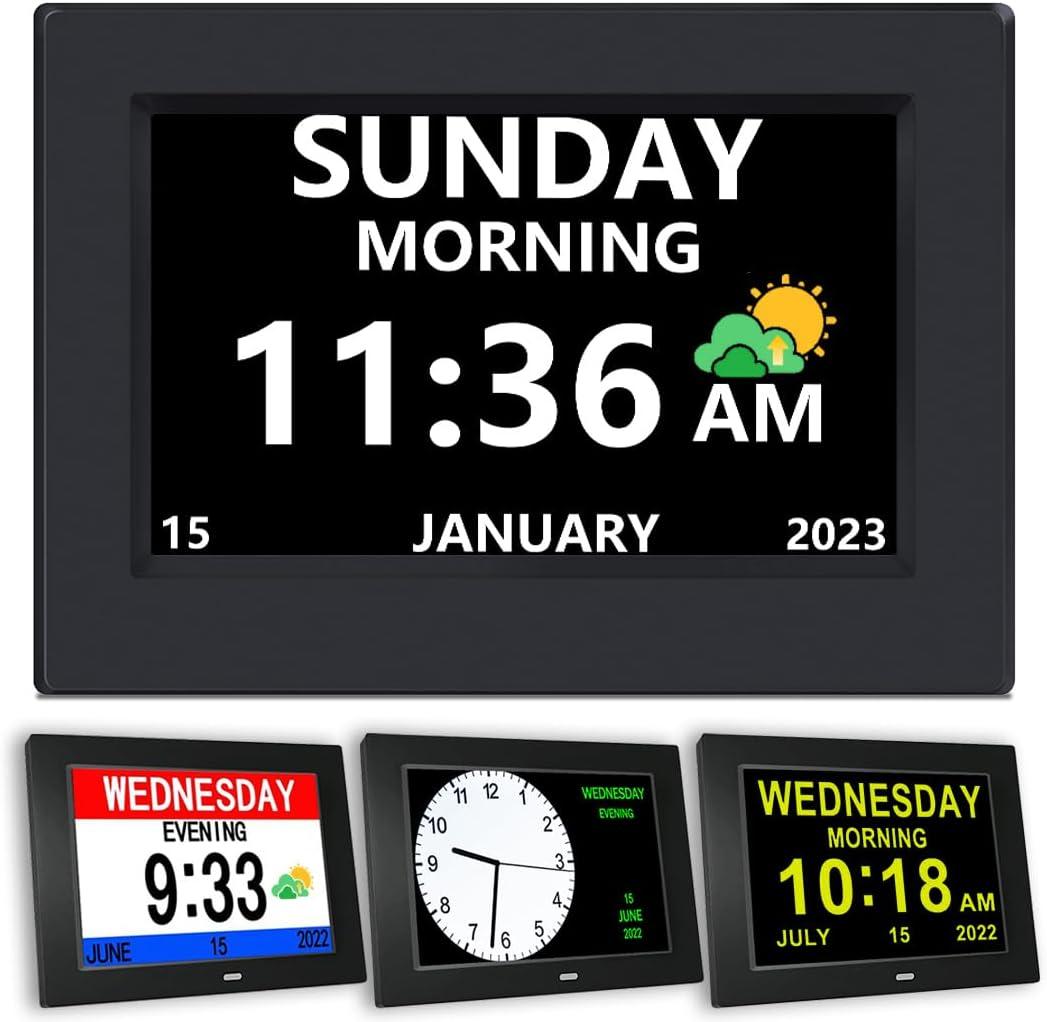 DST Digital Clock with Date and Day of Week for Elderly-12 Alarms Medication Reminder Dementia Alzheimers Clock Calendar with Extra Large Display (7 inch Black)