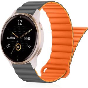 Watch Bands Compatible with Garmin Venu 3S/Vivoactive 4S/Venu 2S/Vivomove 3S,18mm Double Sided Silicone Magnetic Watch Band Soft Sport Strap for Garmin Forerunner 255S/255S Music/265S (Grey+Orange)