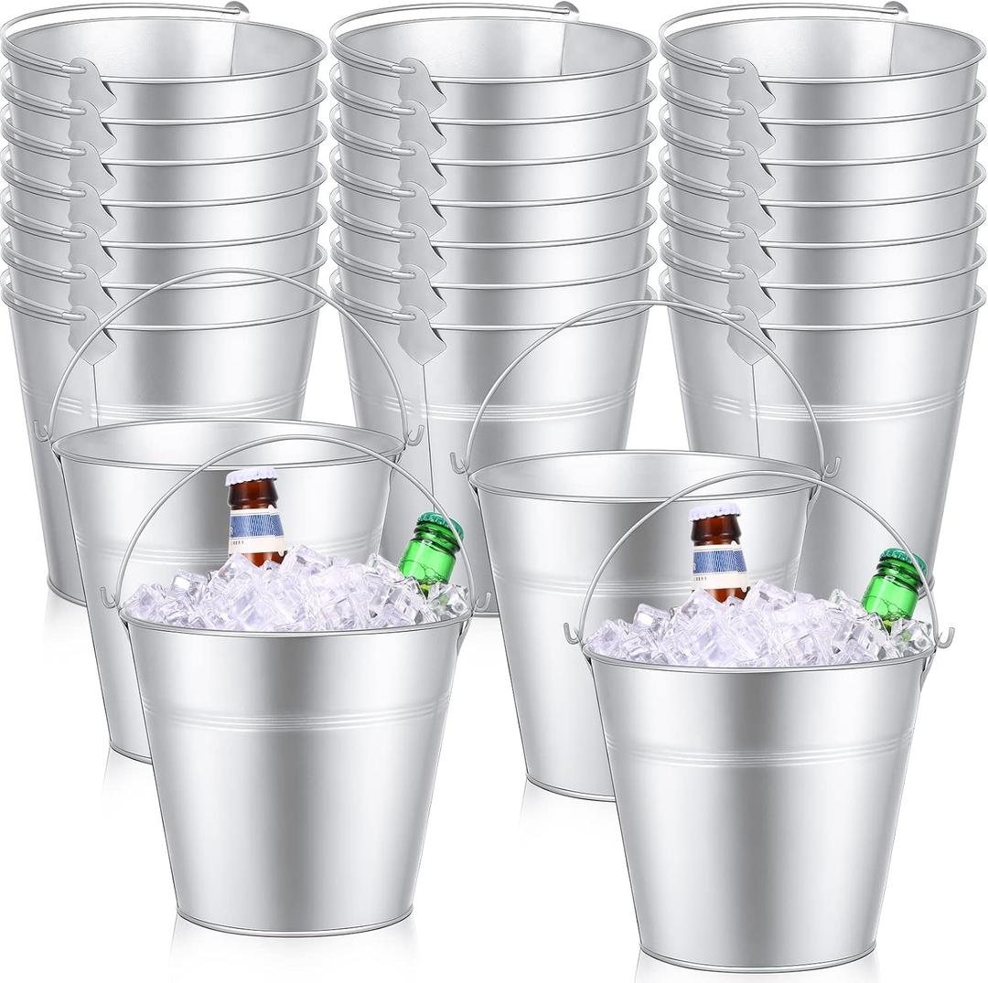 Didaey 24 Pcs Metal Beer Bucket Bulk Ice Bucket Ice Pails with Handle Champagne Soda Party Beverage Chiller for Summer Picnic Pool Wedding Party Supplies Wine Champagne Bar (7.1 x 6.5 x 5.1",Silver)