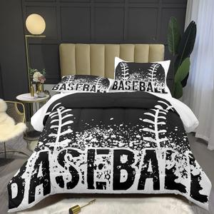 Bodhi Kids Comforter Twin, Boys Baseball Comforter with Pillowcases, Sports Baseball Bedding Set in Black and White